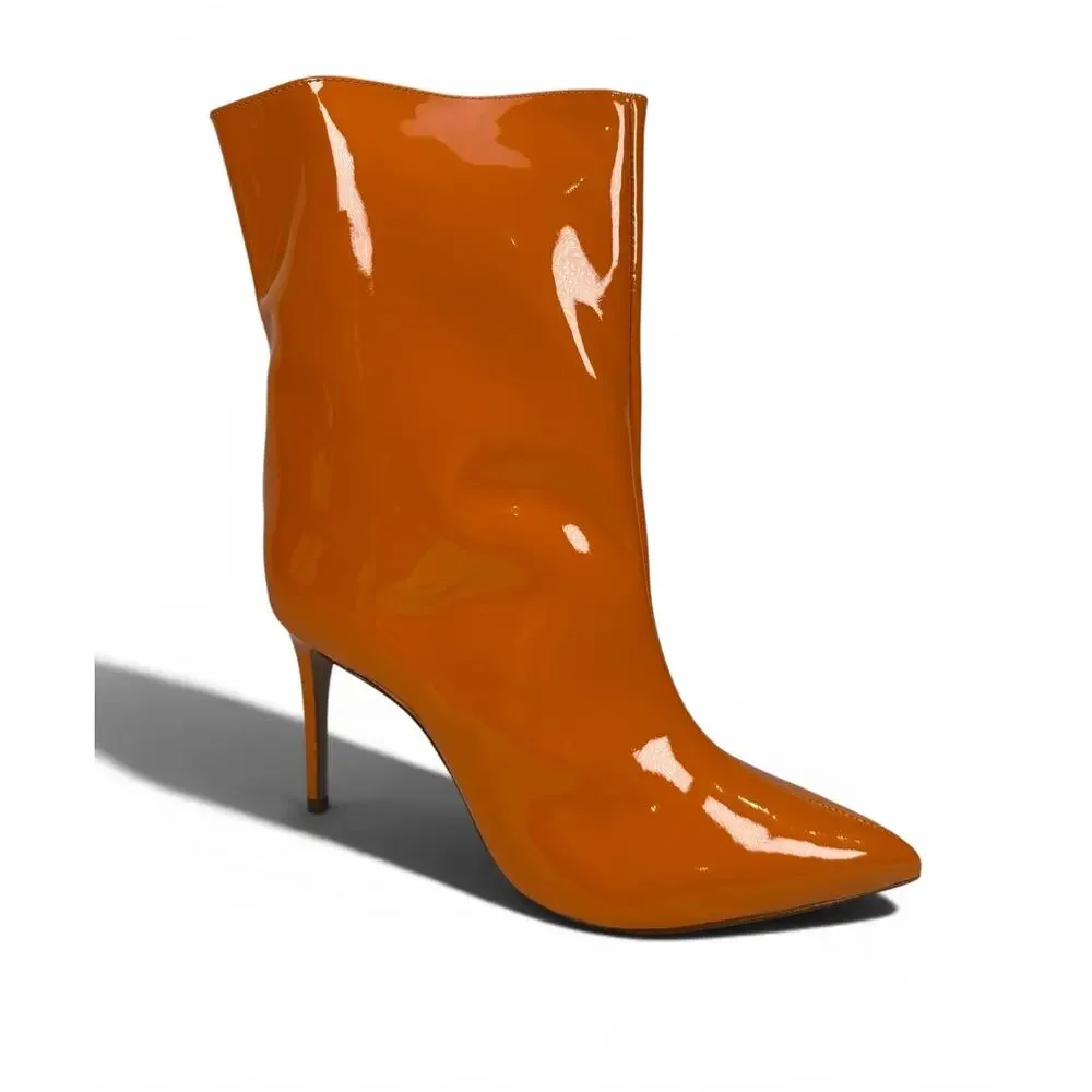 Schutz Maya High Ankle Boots Womens 9 Tangerine Orange Patent Stiletto Pull On